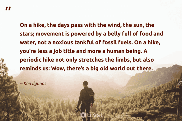 "On a hike, the days pass with the wind, the sun, the stars; movement is powered by a belly full of food and water, not a noxious tankful of fossil fuels. On a hike, you’re less a job title and more a human being. A periodic hike not only stretches the limbs, but also reminds us: Wow, there’s a big old world out there." -Ken Ilgunas #trvst #quotes #impact #beinspired #walking #food #hiking #human #wind 