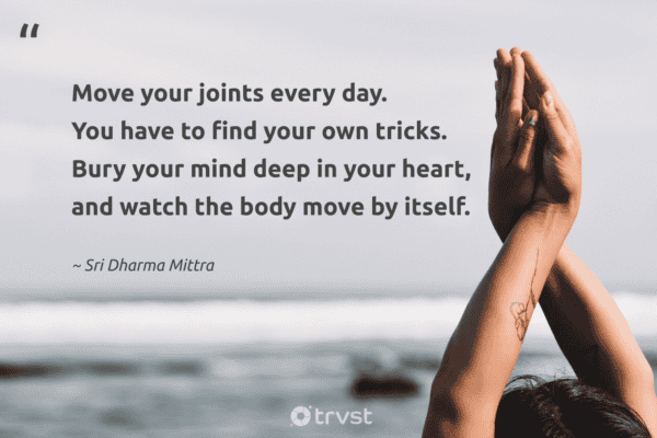 A serene yoga scene with a quote about movement and mindfulness, featuring a person in a yoga pose.