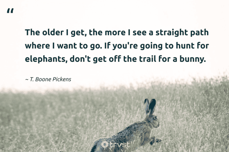 "The older I get, the more I see a straight path where I want to go. If you're going to hunt for elephants, don't get off the trail for a bunny." -T. Boone Pickens #trvst #quotes #thinkgreen #ecoconscious #bunny #rabbit 