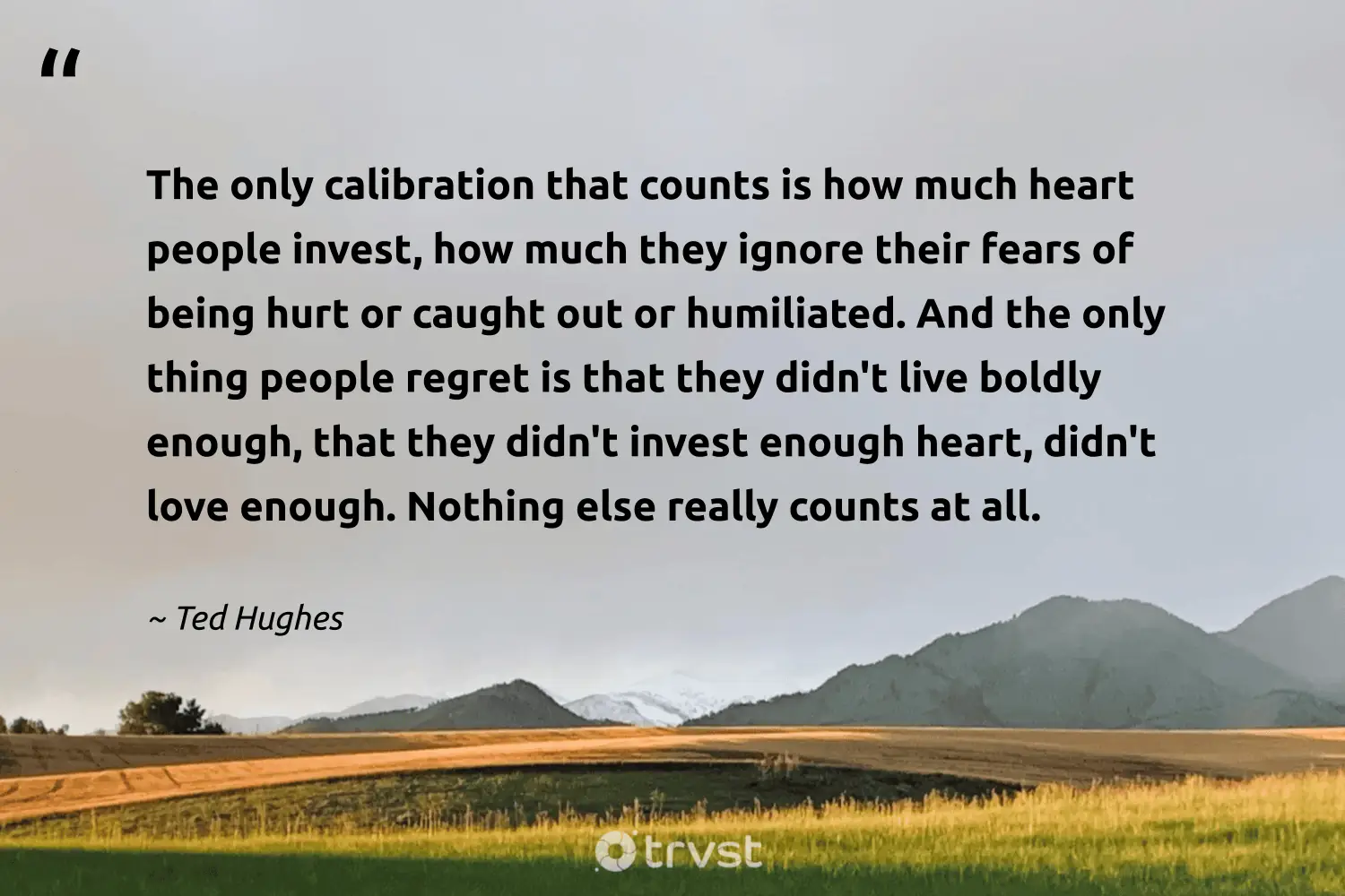"The only calibration that counts is how much heart people invest, how much they ignore their fears of being hurt or caught out or humiliated. And the only thing people regret is that they didn't live boldly enough, that they didn't invest enough heart, didn't love enough. Nothing else really counts at all." -Ted Hughes #trvst #quotes #changetheworld #ecoconscious #regret #people #love 