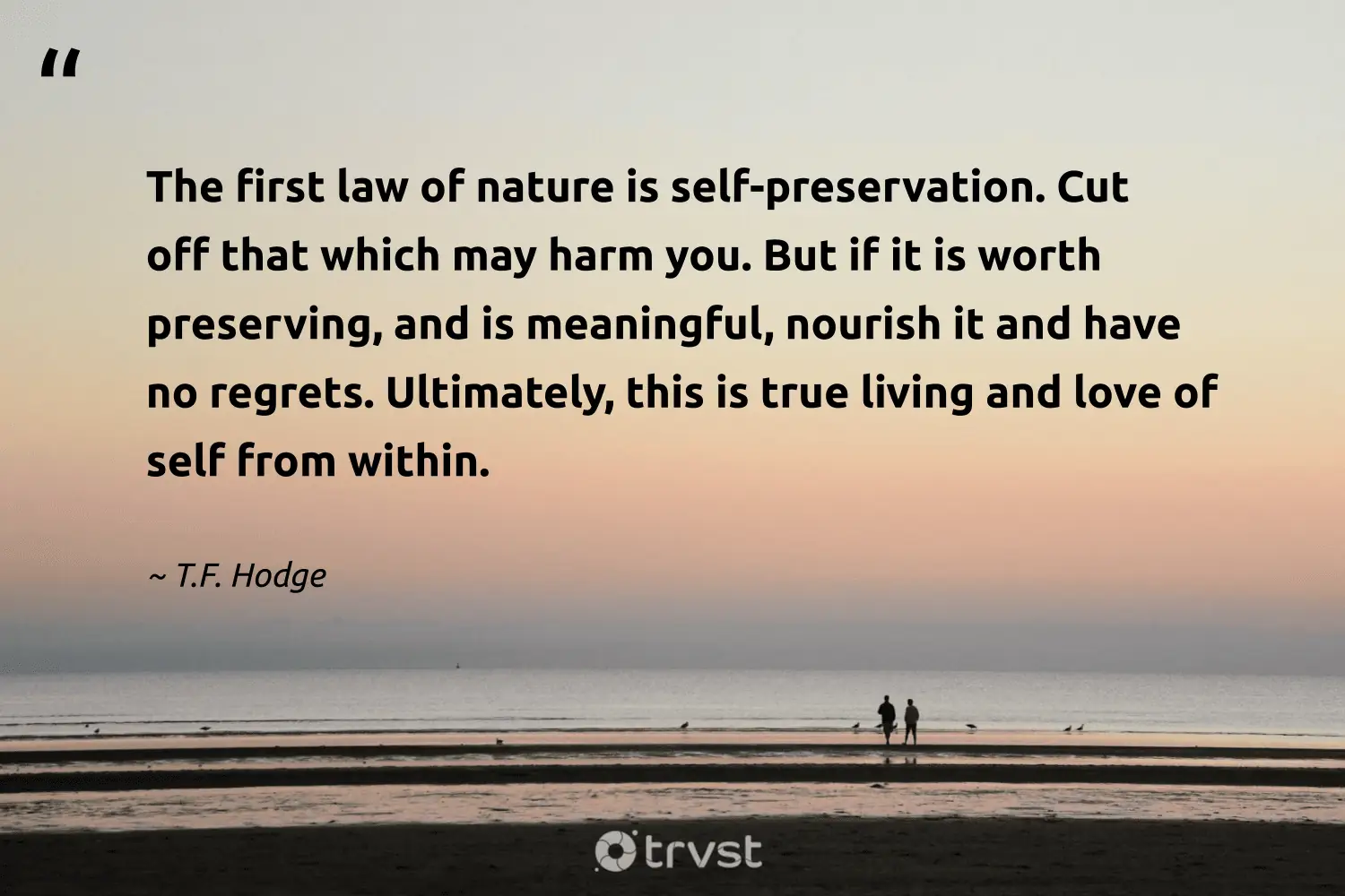 "The first law of nature is self-preservation. Cut off that which may harm you. But if it is worth preserving, and is meaningful, nourish it and have no regrets. Ultimately, this is true living and love of self from within." -T.F. Hodge #trvst #quotes #impact #bethechange #regret #nature #love #nourish 