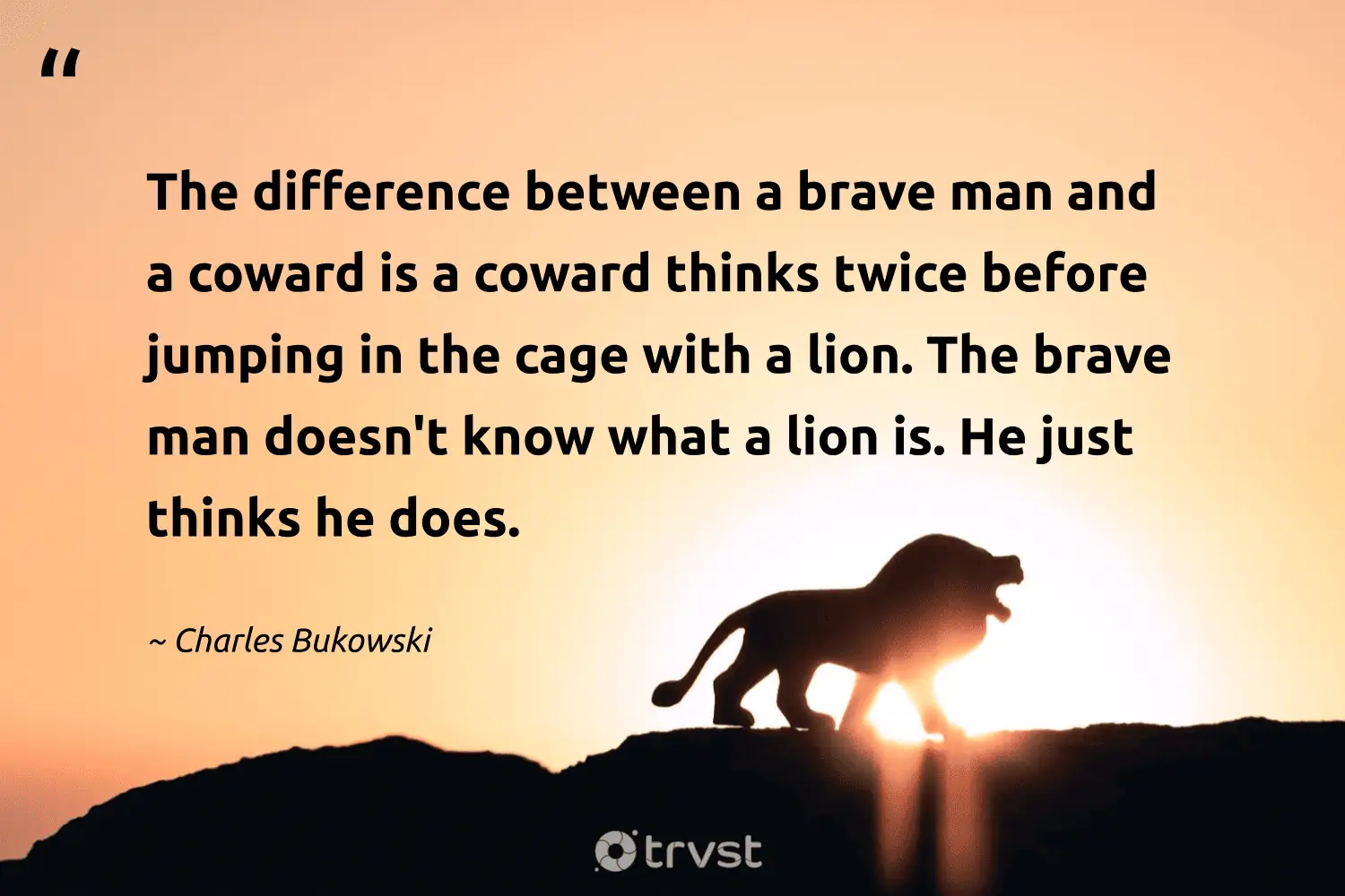 "The difference between a brave man and a coward is a coward thinks twice before jumping in the cage with a lion. The brave man doesn't know what a lion is. He just thinks he does." -Charles Bukowski #trvst #quotes #socialchange #impact