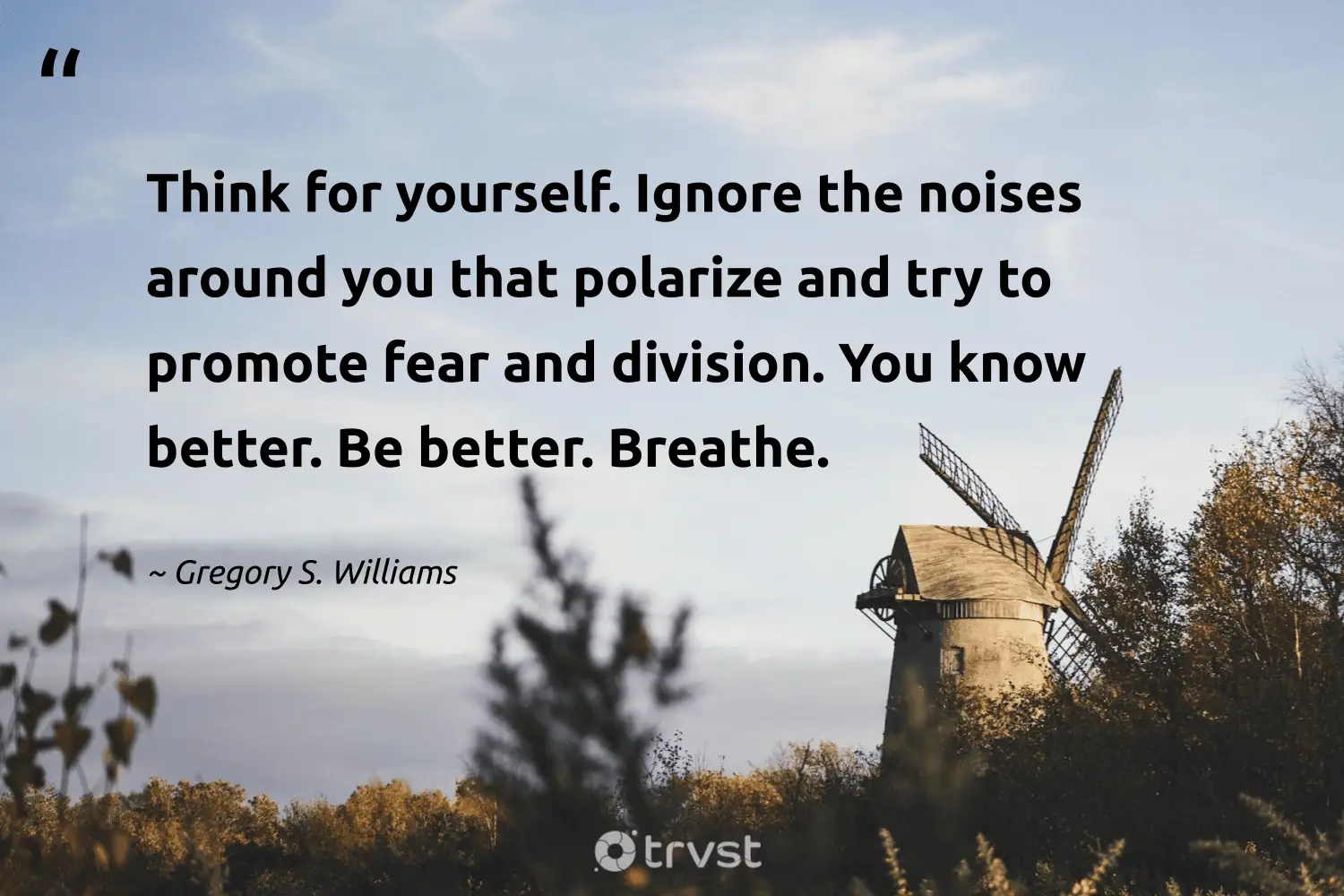 "Think for yourself. Ignore the noises around you that polarize and try to promote fear and division. You know better. Be better. Breathe." -Gregory S. Williams #trvst #quotes #impact #takeaction 