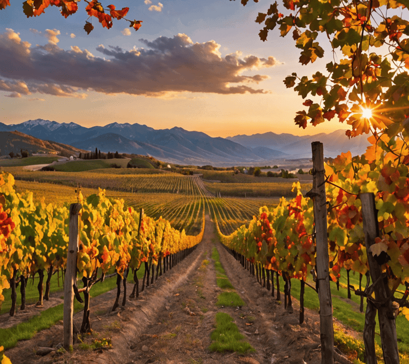 Sunset over a ripe vineyard with mountains in the background, representing prosperity.