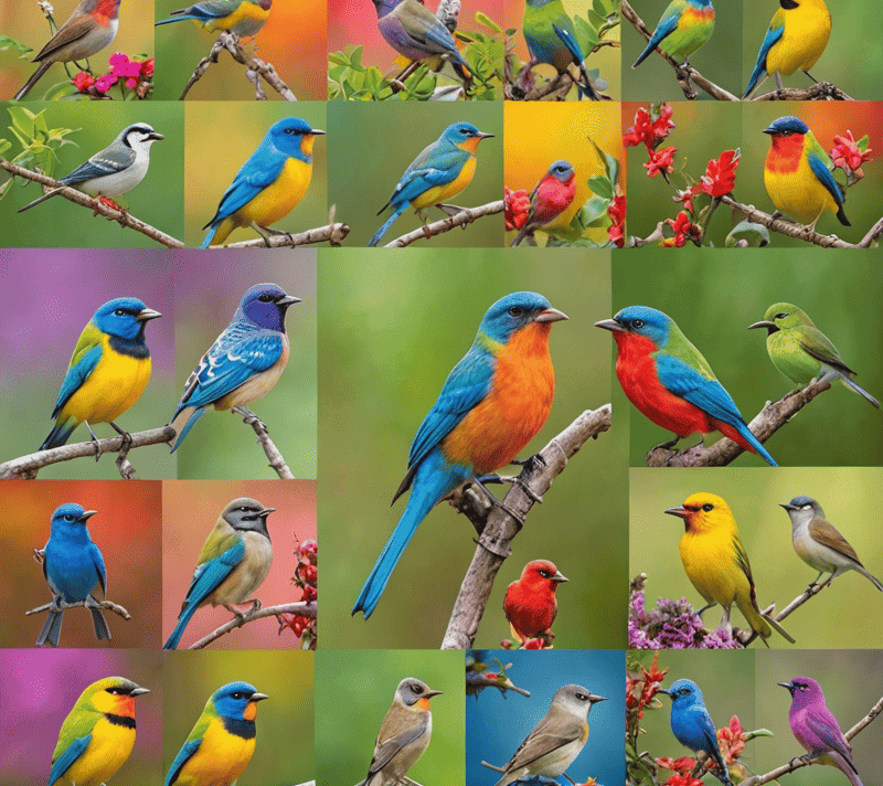 A variety of songbirds on plants with a rainbow in the background, evoking positivity.
