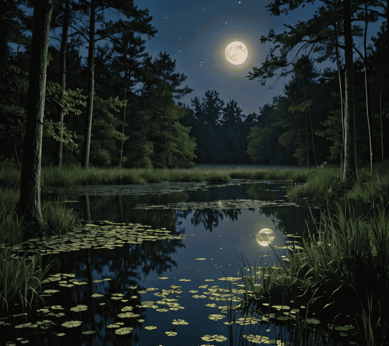 Full moon over a quiet pond with fireflies illuminating the woods at night.