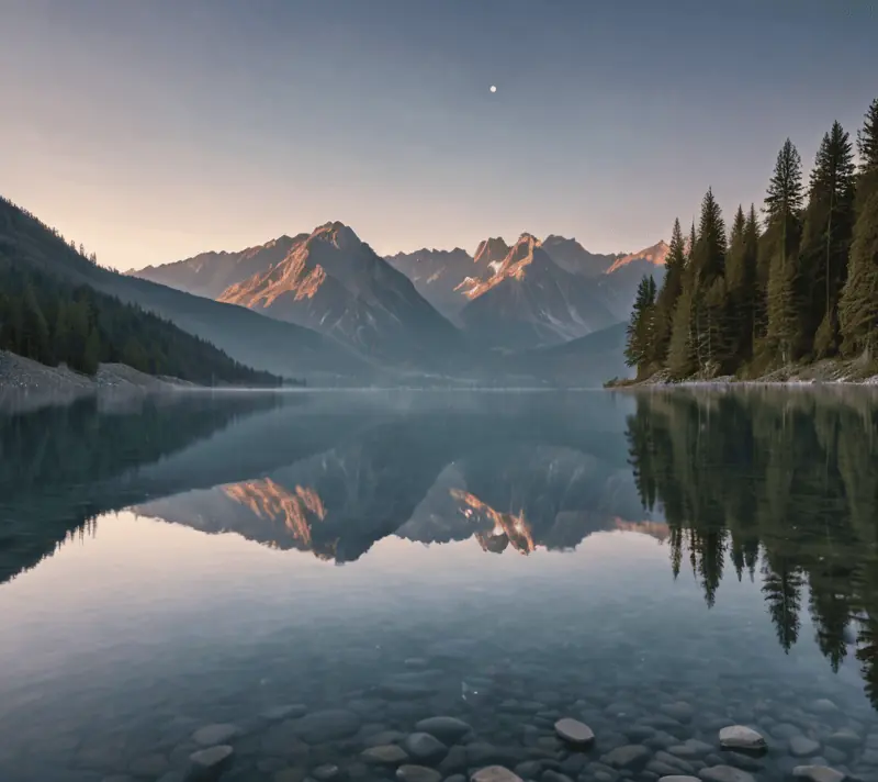 Serene lake mirroring the twilight sky with a fish jumping, disrupting the calm surface.