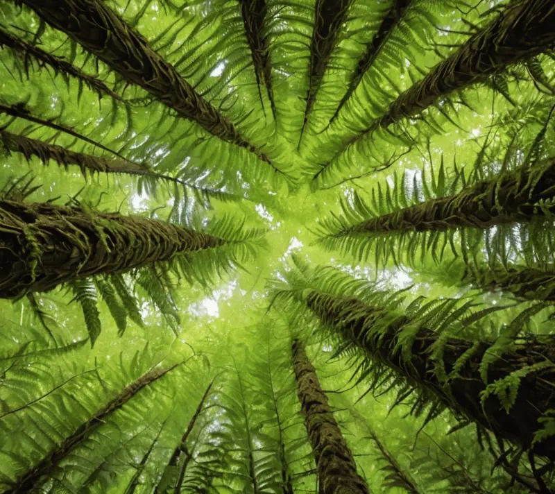 Sunlight filtering through a rich green forest canopy, illuminating the vibrant life below.