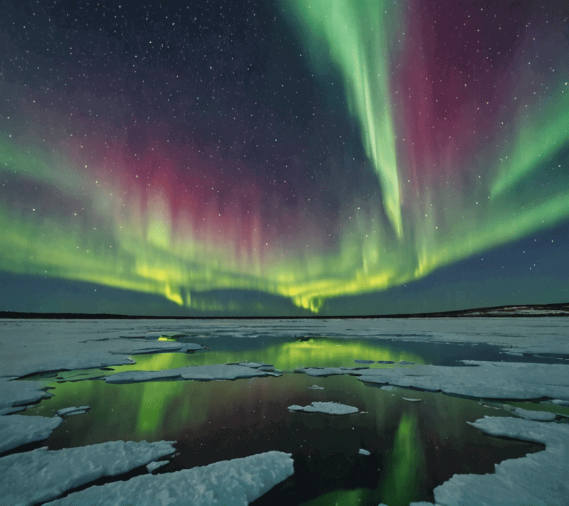 Aurora and stars reflected in tundra waters, igniting inspiration in the night.