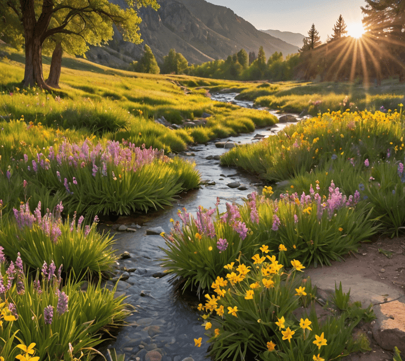 Valley with wildflowers and a winding stream under the warm golden light of the afternoon sun.