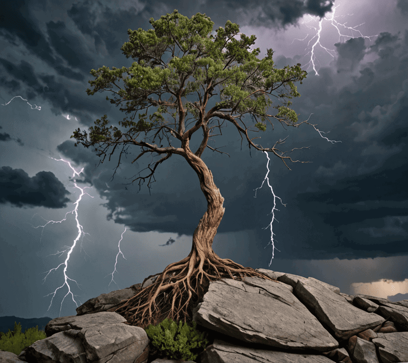 Solitary tree on a cliff with lightning in the distant stormy sky, symbolizing resilience.