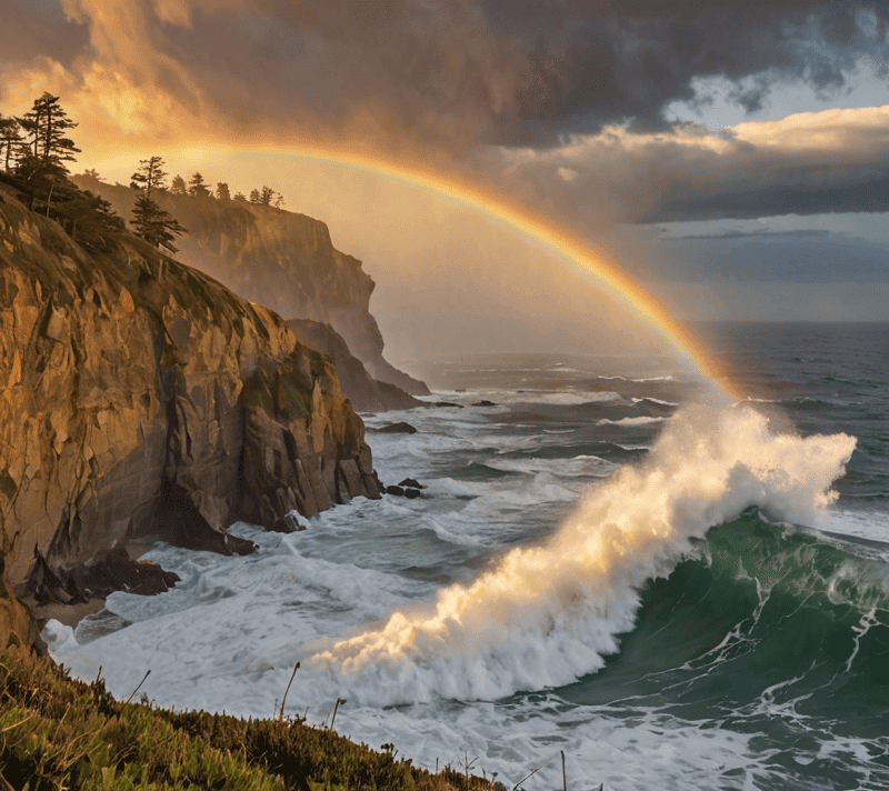 Waves crashing against cliffs with sunlight creating a rainbow mist.