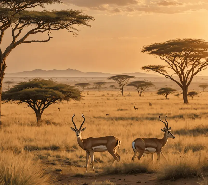 A savanna bathed in golden hour light, with acacia trees and a lone gazelle, embodying inspiration.