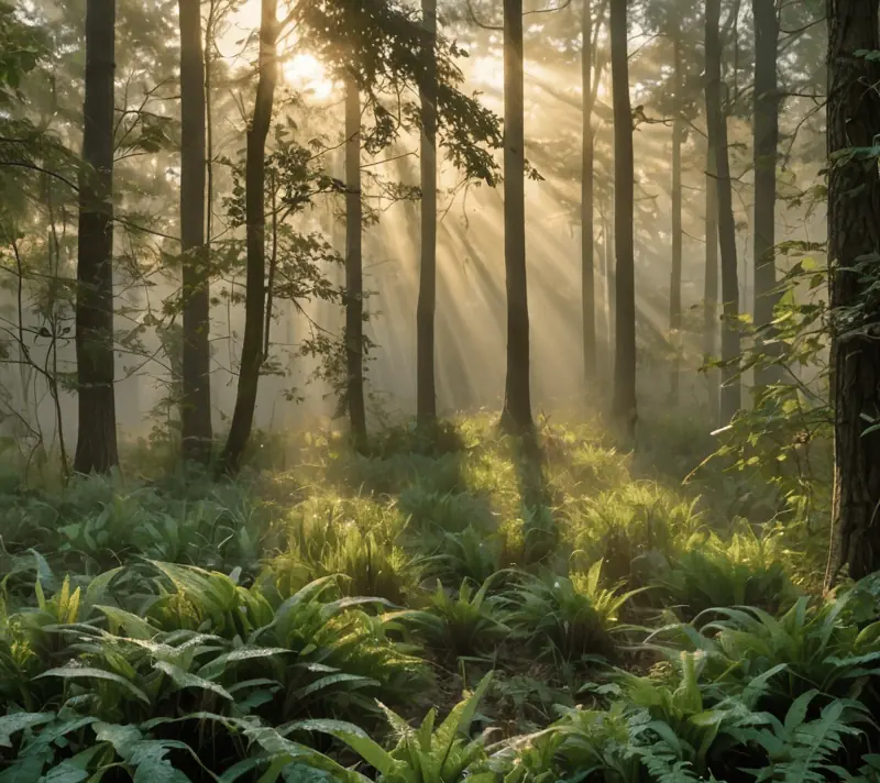 Sunrise piercing through morning fog over a lush forest, symbolizing encouragement.