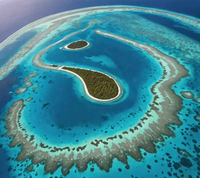 Aerial view of a crescent-shaped atoll with a clear view of the coral reef.