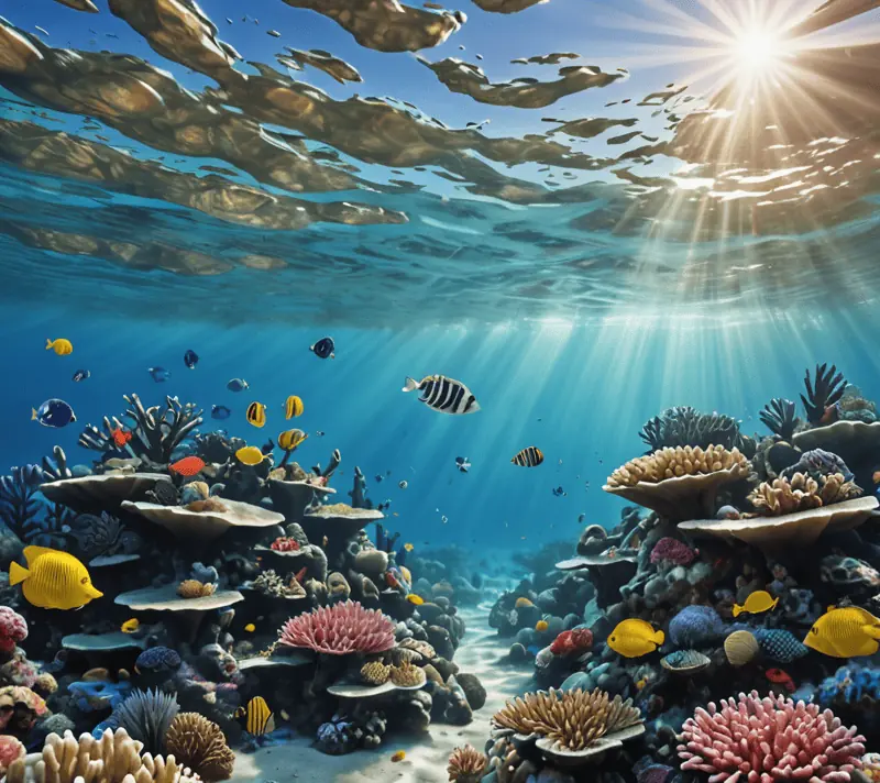 Underwater view of a vibrant coral reef with diverse marine life and sunlight filtering through the water
