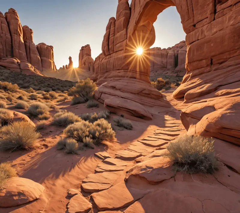 Natural sandstone arches glowing under the warmth of a setting sun.