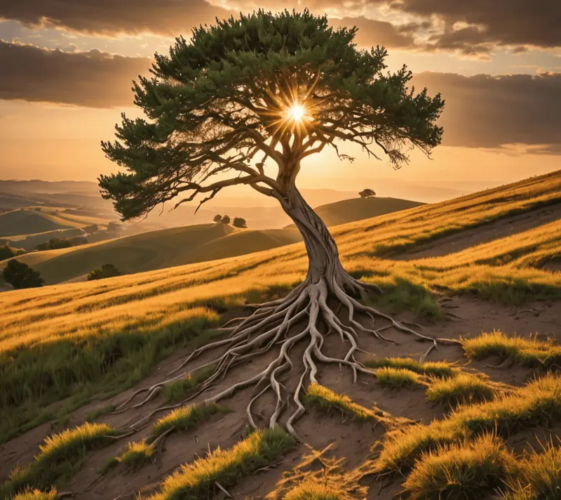 A lone tree on a hill with visible roots in golden sunset light.