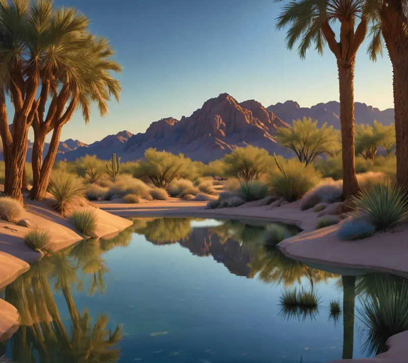 Stages of a phoenix's life mirrored by an evolving desert oasis at twilight.
