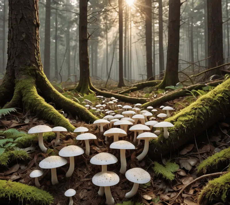 Intricate mycelium network in a forest cross-section at dawn, highlighting natural connectivity.