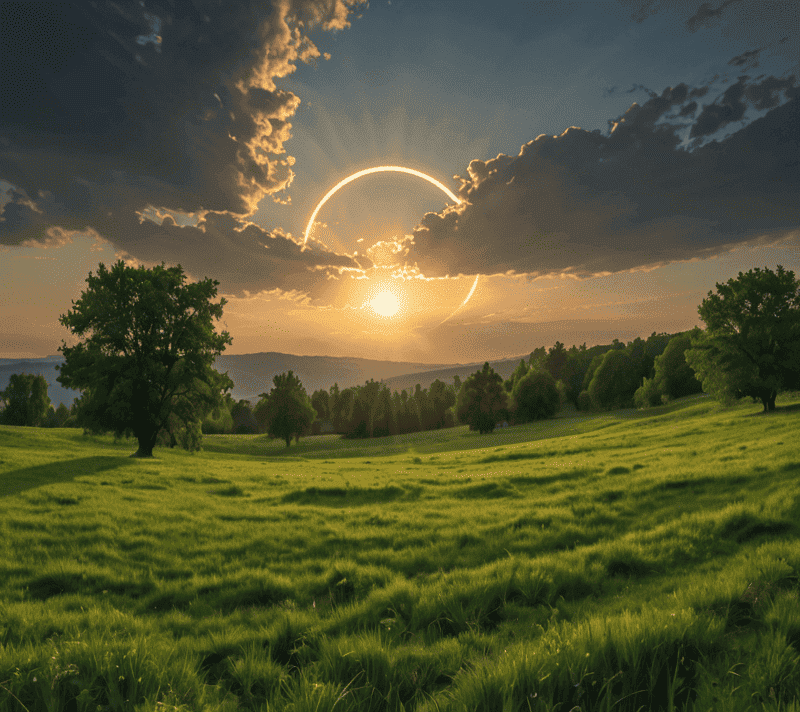 Hybrid solar eclipse casting dramatic twilight over a lush verdant meadow, symbolizing the sublime interplay of light in nature.