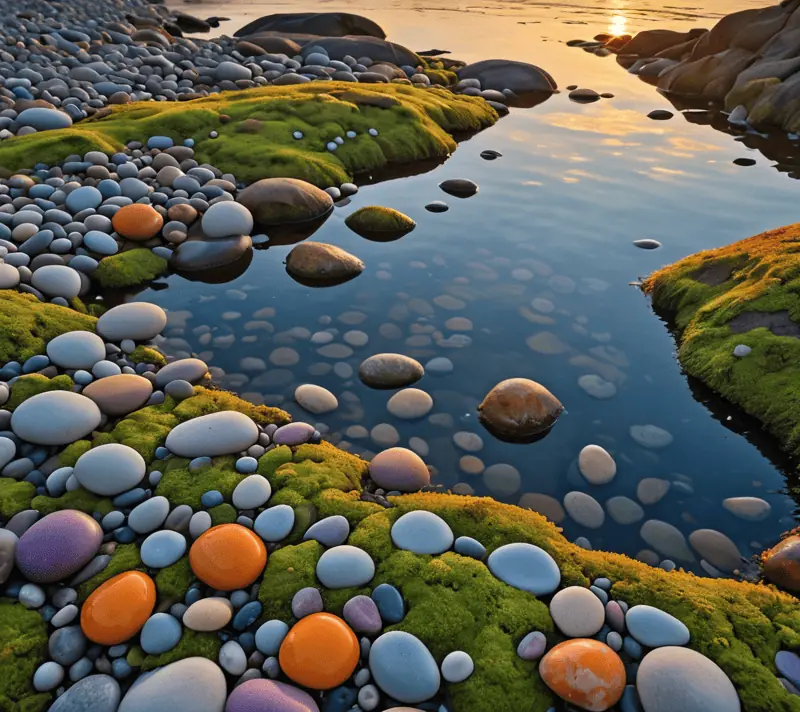 A serene tidepool bathed in the golden light of sunset, harmonizing marine life with the surrounding environment.