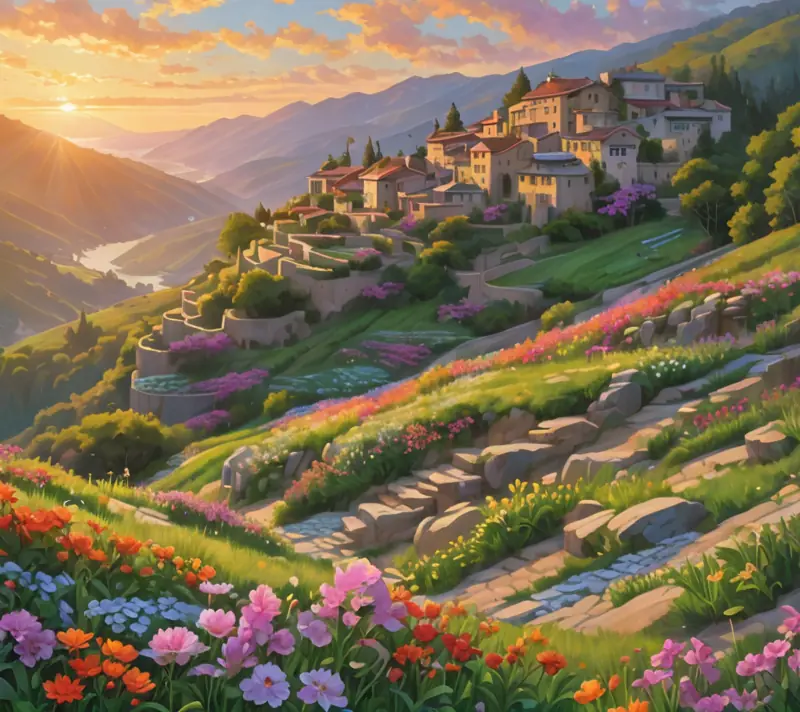 Dawn breaking over a colorful terraced hillside blooming with flowers, embodying natural growth and nurture.