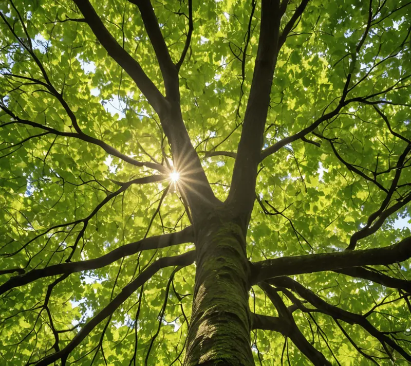 A crown-like formation of tree branches reaching skyward, symbolizing empowerment in a lush forest setting.