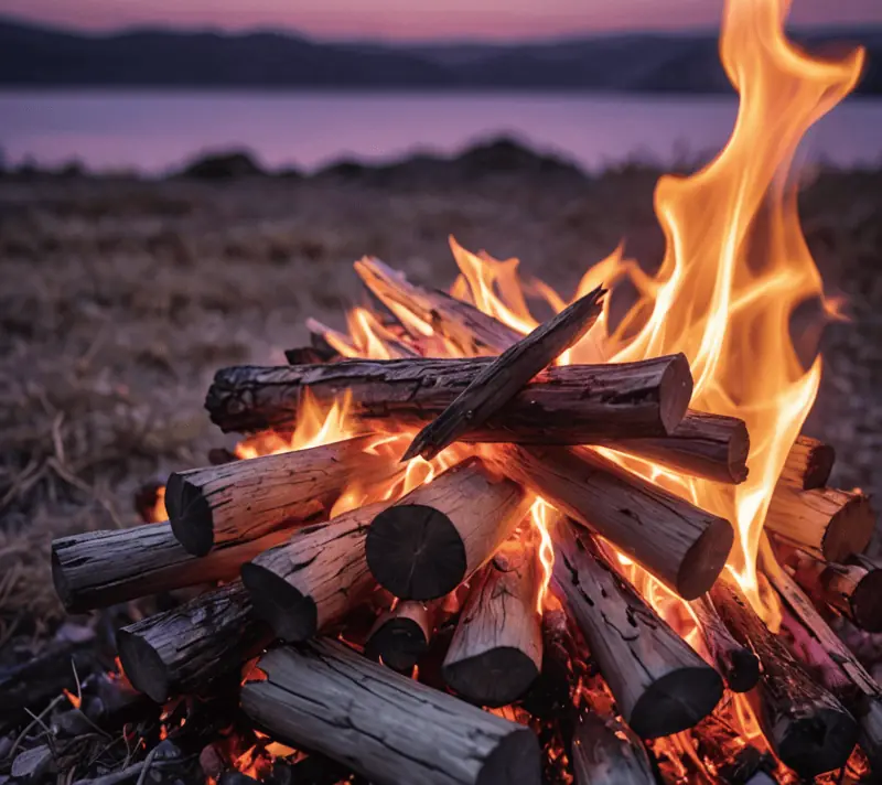 Campfire glowing warmly under a twilight sky