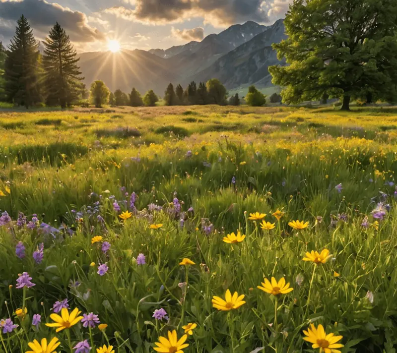 Sunbeam illuminating a wildflower meadow