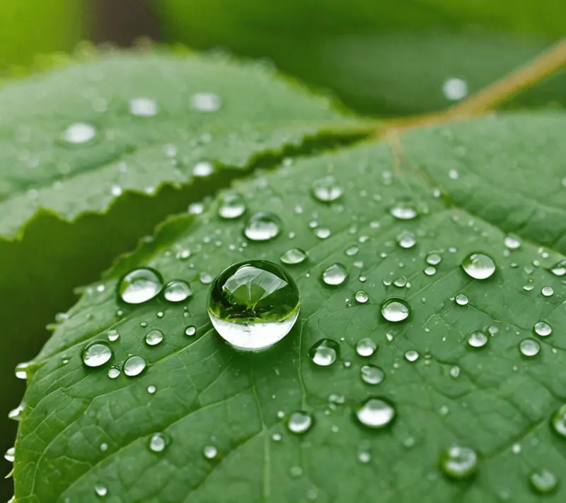 Close-up of a dewdrop on a green leaf