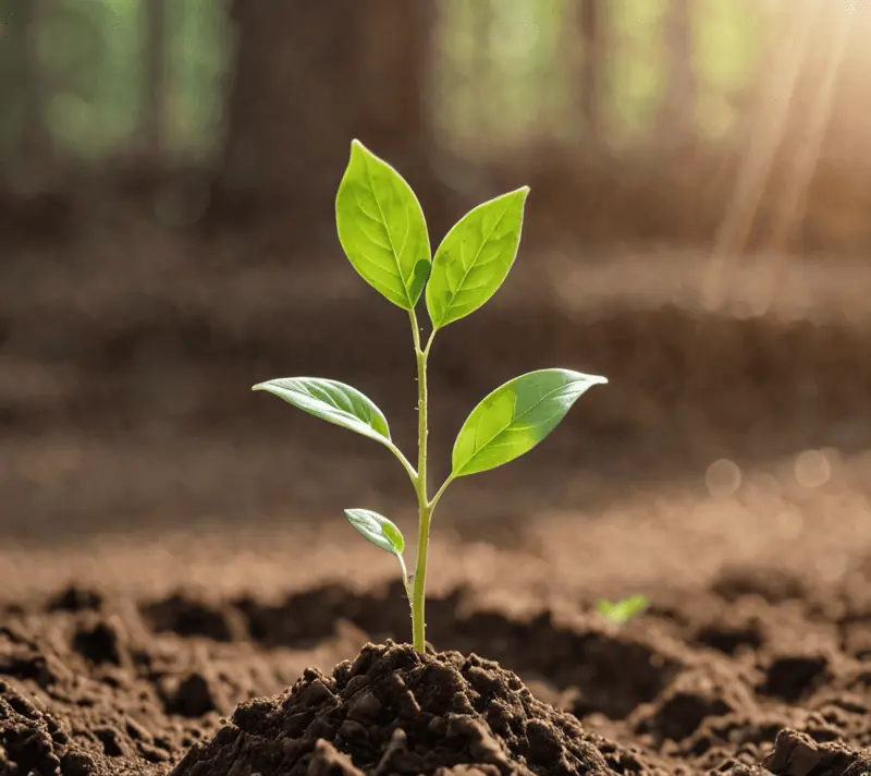 Sapling sprouting from soil in a beam of light