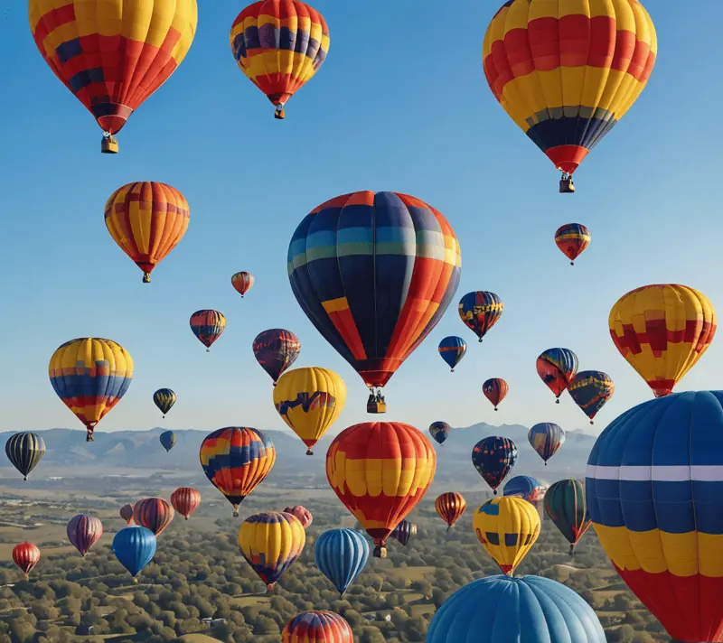 Colorful hot air balloons rising in clear blue sky