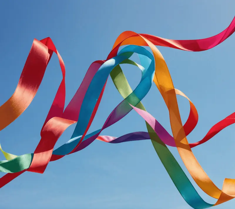 Colorful ribbons on a breeze against blue sky