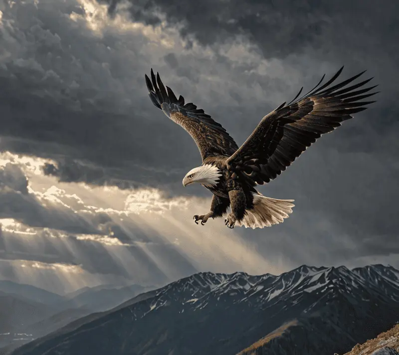 Eagle soaring with storm clouds and sunlight, evoking heroism and bravery.