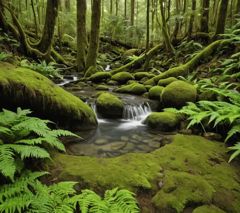 Natural healing spring in a rainforest setting, symbolizing care and recuperation.