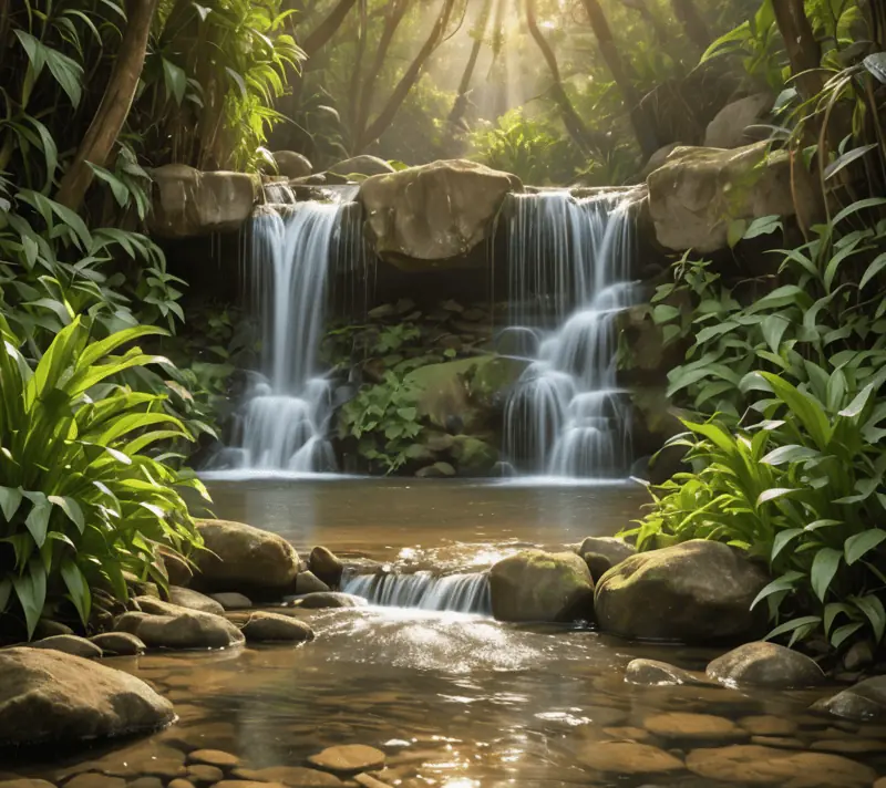 Waterfalls into a tranquil pool with butterflies, symbol of kindness in nature.