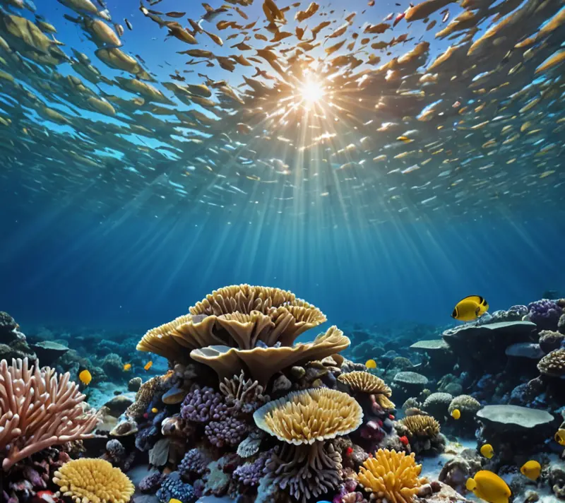 Vibrant coral reef with diverse marine life, embodying the essence of living.