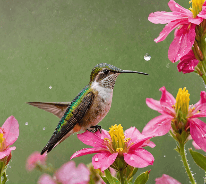 Hummingbirds and sparkling raindrops on wildflowers, depicting cheerfulness.