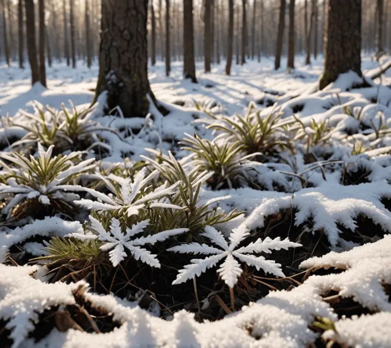 Delicate snowflakes landing on dark forest soil, representing purity.