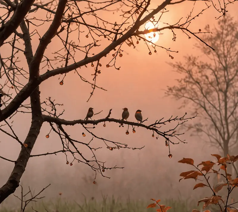 Birds singing at dawn in a lush forest, with sunrise colors reflected in a dewdrop.