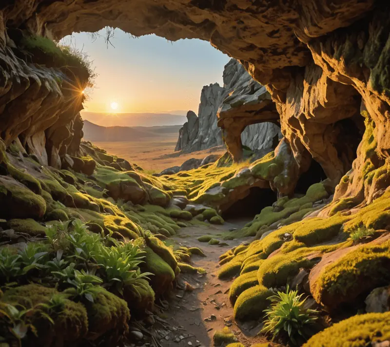 A natural cave providing shelter, highlighted by golden sunset light and resilient flora.