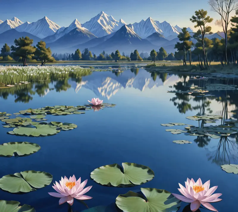 A blooming lotus in a clear pond against snow-capped mountains at dusk.