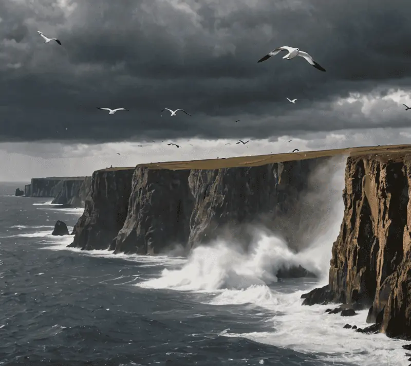 Coastal cliffs with soaring seabirds against a stormy sea and sky, symbolizing freedom