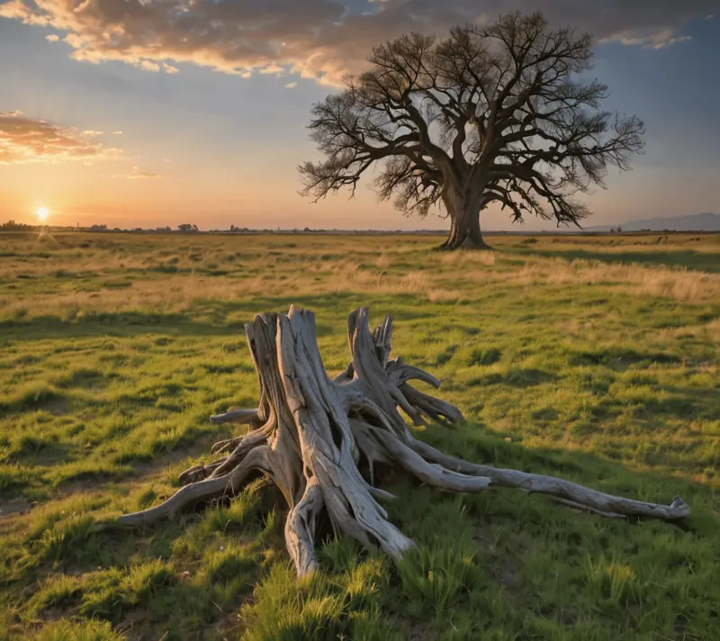 Field of wind-swept grass with an ancient tree at twilight, representing growth and resilience