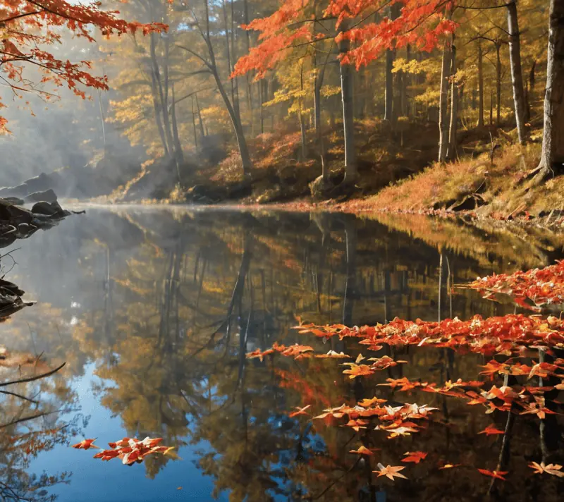 Hot spring in an autumnal forest with steam and colorful foliage.