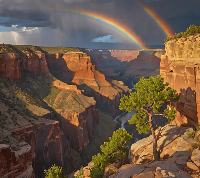 Rainbow over glowing canyon with new leaves sprouting on a lightning-scarred tree.
