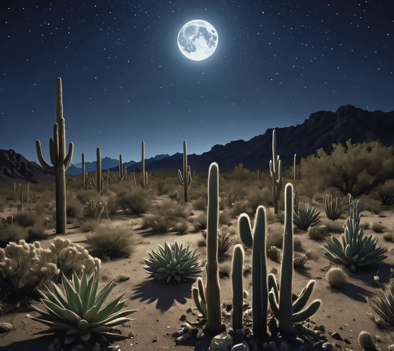 Moonlit desert with bioluminescent insects and blooming cactus flower.