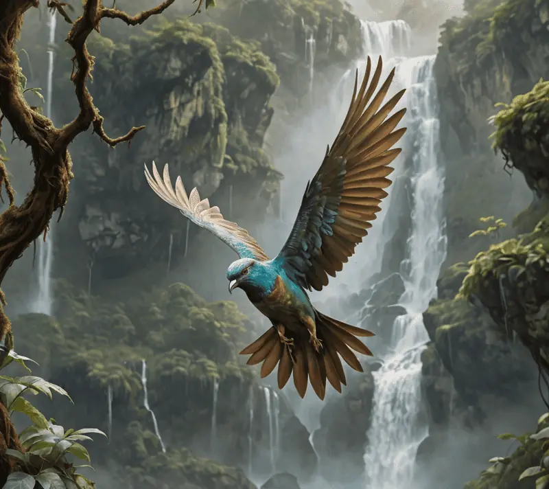 Plumed bird in flight in misty valley with waterfalls, evoking awe and wonder.