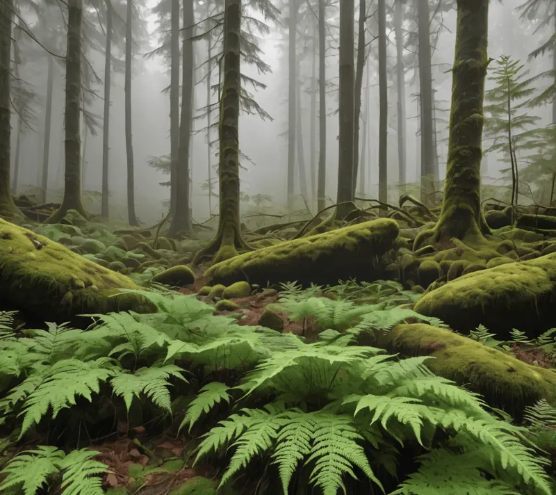 Foggy forest at dawn with dewdrop on fern leaf.